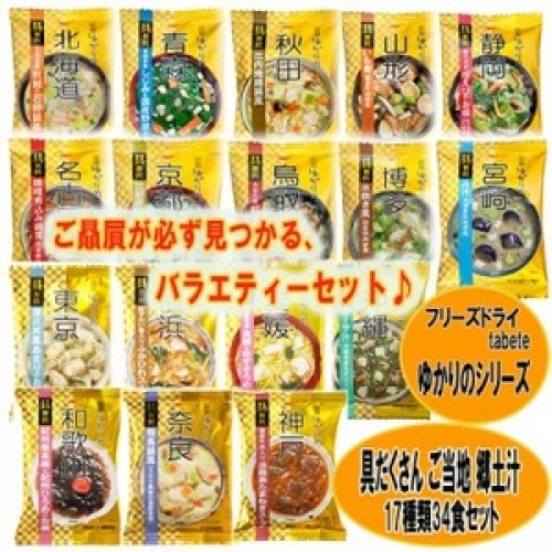 【送料無料】フリーズドライ tabete ゆかりのシリーズ 具だくさん ご当地 郷土汁 17種類34食セット 国分